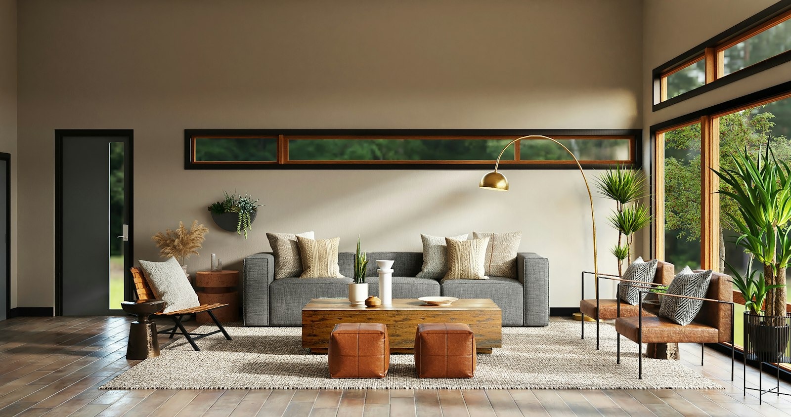 Warm hotel lounge interior with leather chairs, wool rugs and brass floor lamps